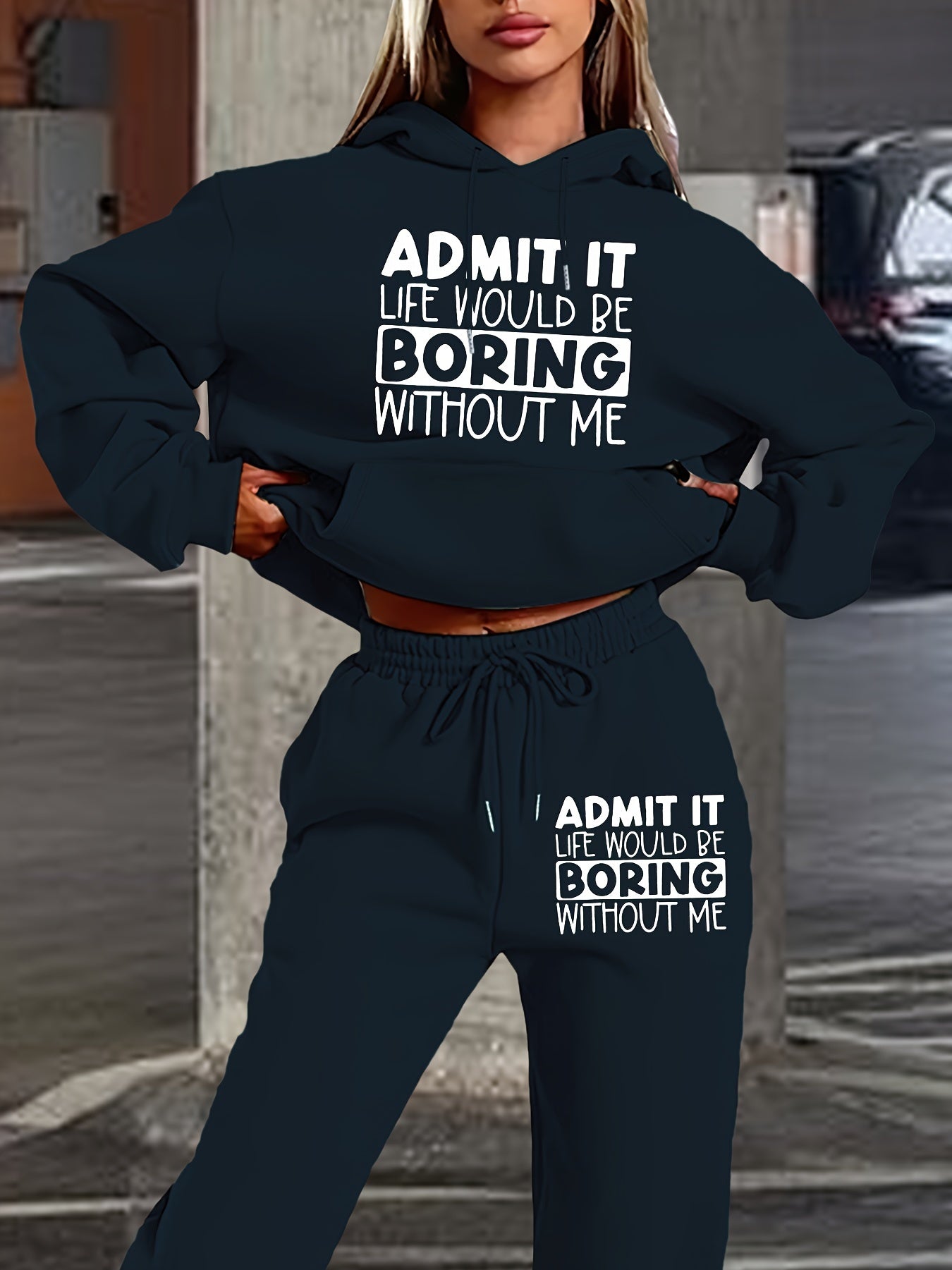 Women's Casual Hoodie & Jogger Set - Letter Print, Long Sleeve with Pockets, Polyester Blend, Machine Washable - Perfect for Fall/Winter